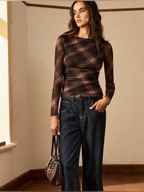 Zara Sheer Plaid Long-Sleeve Mesh Top in Brown and Black